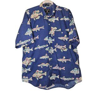 Chaps Vintage Ralph Lauren Blue Fish Rainbow Trout Shirt Large Novelty Print Fun